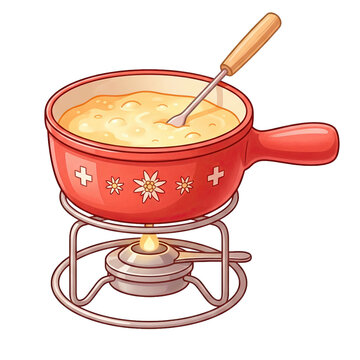 Swiss cheese fondue in a red ceramic pot with floral patterns on a metal burner stand