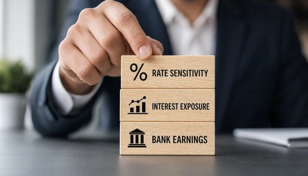 Business professional demonstrating financial concepts with rate sensitivity interest exposure and bank earnings blocks