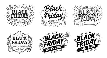Obraz premium Six hand-drawn style Black Friday sale event badges and logos with various promotional texts and shopping-related illustrations.