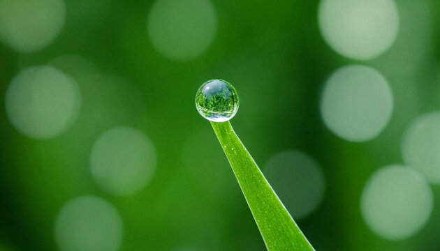 A single clear dew drop on the tip of a bright green blade of grass with a soft blurred green background, and light bokeh
