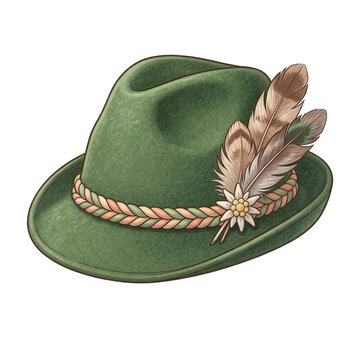 Traditional green Bavarian alpine hat with feathers and edelweiss flower decoration isolated on white background