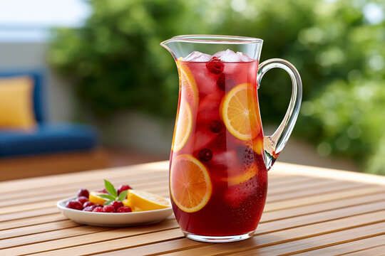 Refreshing berry citrus iced drink with fresh fruit served in glass pitcher perfect for summer outdoor gatherings and healthy hydration