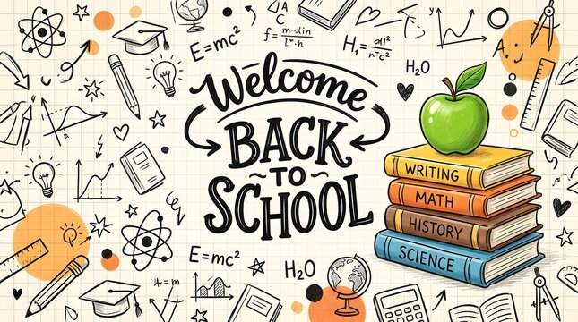 A festive back to school background featuring a stack of colorful books with a green apple and hand drawn educational doodles