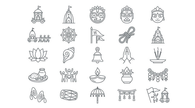 Set of thin line icons representing Hindu religious symbols and deities.