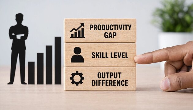 Hand pointing at wooden blocks illustrating productivity gap skill level and output difference with business growth chart