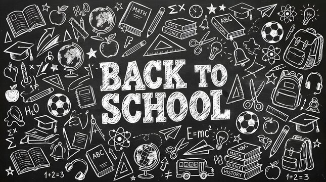 Back to school chalkboard background featuring hand drawn educational icons and doodle illustrations for students and teachers in a classroom setting