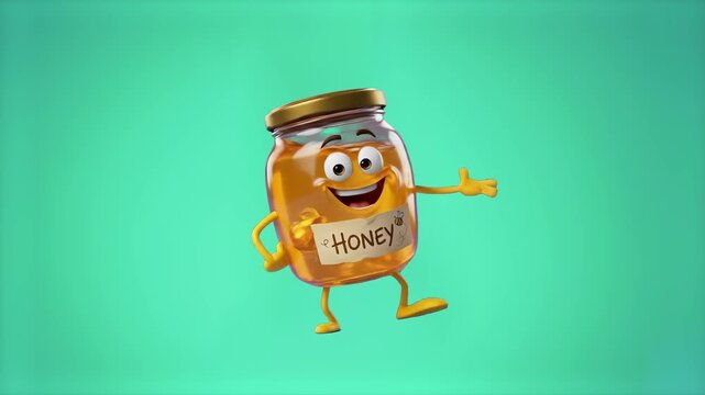 A happy 3D cartoon glass honey jar character with a smiling face gesturing welcome with open hands, isolated on a mint green studio backdrop. Ideal for honey brand promos, apiary marketing, sweet dess