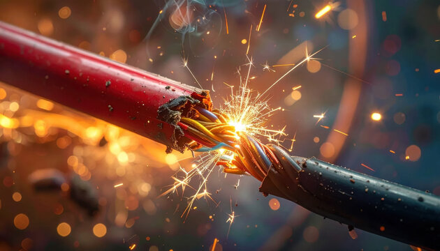 Wire cable spark closeup, electric wire repair, burning cable, orange spark, damaged wire