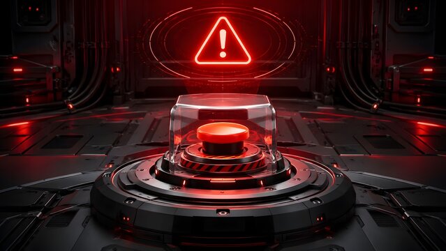 Prominent glowing red emergency stop button with a holographic warning symbol in a dark, futuristic high-tech industrial control room environment.