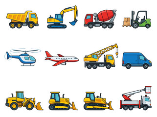 Diverse set of illustrated construction, utility, and transport vehicles in a colorful, kid-friendly style © kasun