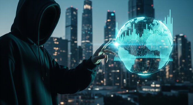 Hacker in hood touching glowing digital globe with stock market data overlay in futuristic city skyline
