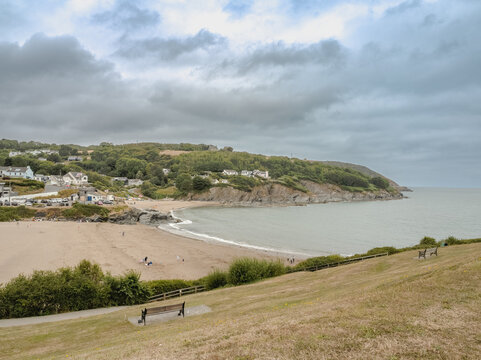 Aberporth beaches and headlland in Ceredigion Wales landscape view
