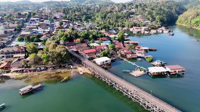 Aerial view of Mon Bridge or Uttamanusorn Bridge in Sangkhlaburi, Kanchanaburi Province, Thailand