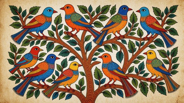 Brightly colored Indian Gond art depicts many birds perched on tree branches. Intricate patterns fill the scene, with leaves and natural motifs creating a vibrant, traditional folk illustration.