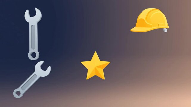 Animated Labor Day Concept Featuring Construction Tools and Safety Gear Elements Against a Gradient Background