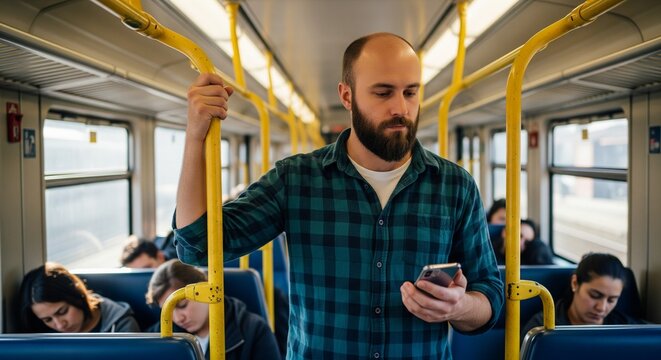 Man in plaid shirt holding onto railing on public transport and looking at his smartphone