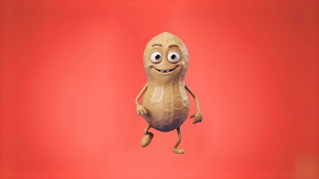 A happy 3D cartoon peanut mascot jumping in place against a bright red studio background. Great for snack advertising, peanut butter brands, food commercials, and creative marketing graphics.