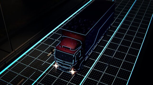 Autonomous Semi Truck Driving at Night with AI HUD Technology Visualization. Self-Driving Electric Cargo Semi-Truck Scans Road and Activates Smart Autopilot Controls for Future Logistics Concept