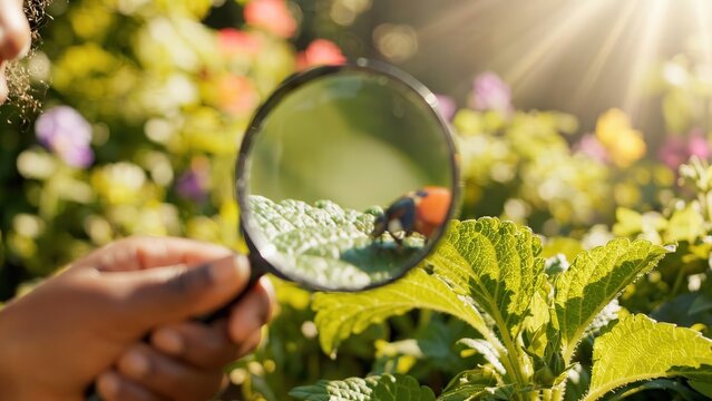Close-up view of a ladybug on a green leaf through a magnifying glass held by a person in a vibrant garden filled with colorful flowers and sunlight