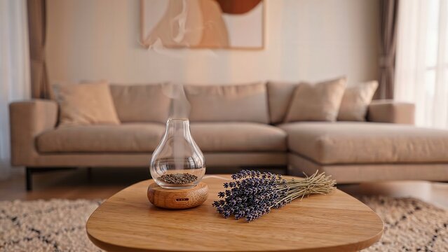Glass aroma diffuser releasing fragrant smoke above a wooden table with lavender flowers, set in a cozy living room with a modern couch and artwork on the wall