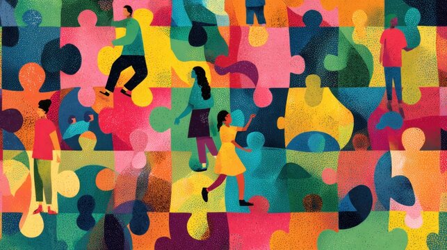 Diverse figures walk and interact across a colorful jigsaw puzzle background, illustrating teamwork, cooperation, and interconnectedness