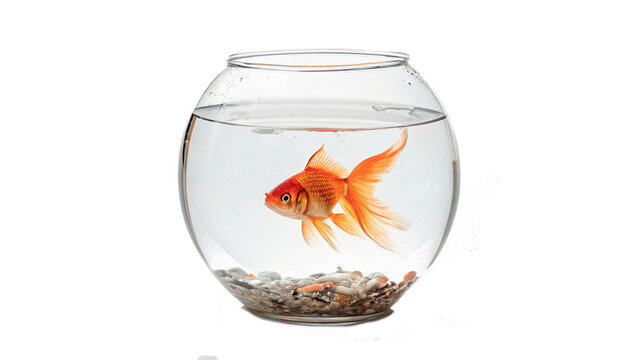 Small goldfish swimming in a round clear glass fishbowl water pet isolated on transparent background