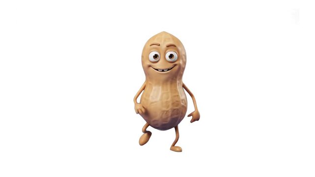 A funny 3D cartoon peanut mascot dancing with a cheerful smile isolated against a clean white backdrop. Great for snack commercials, food branding, children's videos, and fun graphic overlays.