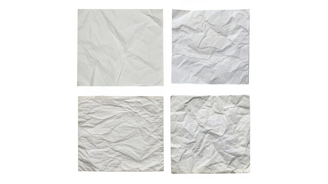 Four squares of white crumpled paper texture background sheets abstract patterns isolated on transparent background