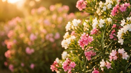 Obraz premium Soft focus pink and white oleander flowers with golden sunlight