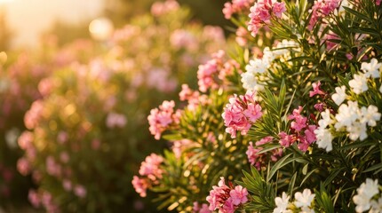 Obraz premium Pink Oleander Flowers Blooming in Sunny Summer Garden with Warm Bokeh Light