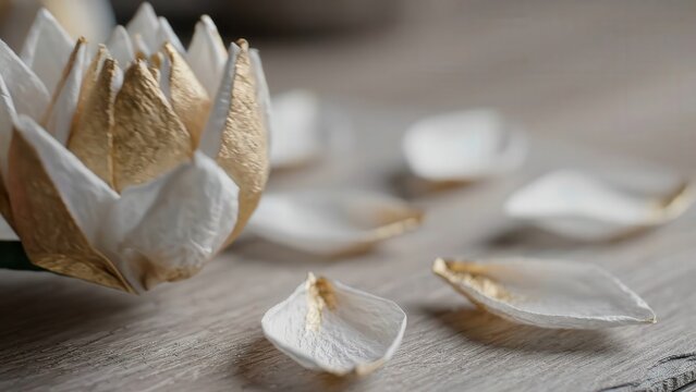 Decorative lotus flower candle holder with golden accents and white petals, showcasing a lit candle in the center, placed on a wooden surface with scattered petals