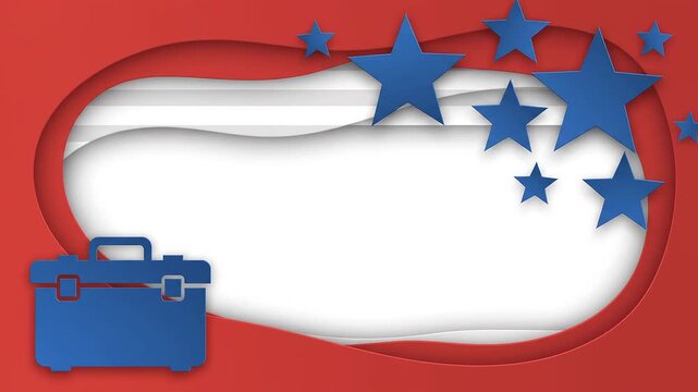 Labor Day Celebration Background with Blue Toolbox and Stars on Paper Cut Layers
