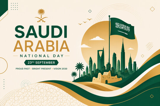 Elegant Saudi Arabia National Day poster featuring the Saudi flag, Riyadh skyline, and Vision 2030 in premium green and gold.