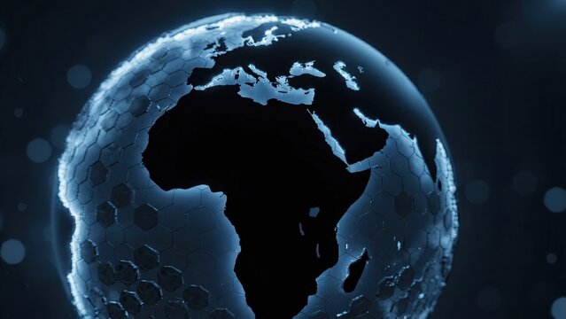 3D globe visualization showing Africa, North America, and South America with illuminated hexagonal patterns and a dark background highlighting the continents' outlines