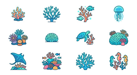 Colorful coral reef and marine life icon set. © gudangPIXEL
