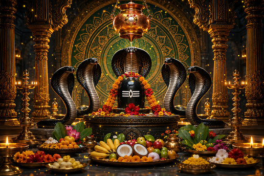 Grand temple ceremony featuring five hooded cobras protecting a flower garlanded Shiva lingam beneath a hanging copper vessel, surrounded by lamps, fruits, sweets, and offerings