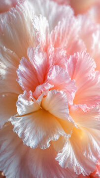 Ruffled pastel pink and ivory flower in luminous macro detail, featuring delicate curled petals and a warm peach center for romantic botanical wallpaper and beauty branding.