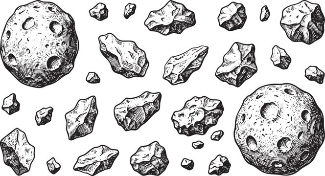 Set of hand drawn asteroids and meteorites in space sketch style illustration