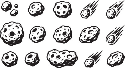 Set of black and white asteroid and falling meteor icons in a sketch style © Ajoy