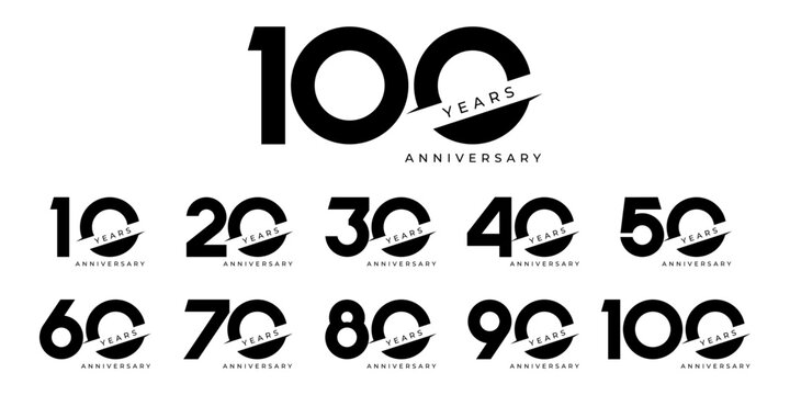 Set of modern vector logo designs for 10th to 100th anniversary, in black color for celebrations, weddings and birthdays