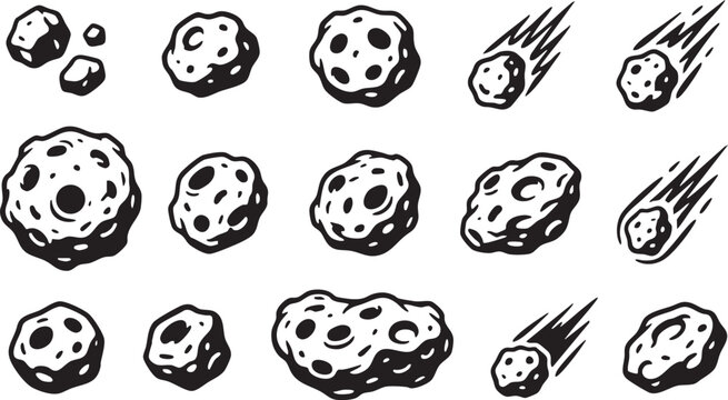 Set of black and white asteroid and falling meteor icons in a sketch style