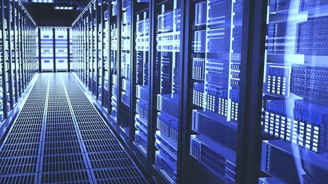 Secure server room with AI processing, energy metrics, and digital systems.