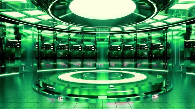 Secure server room with AI processing, energy metrics, and digital systems.