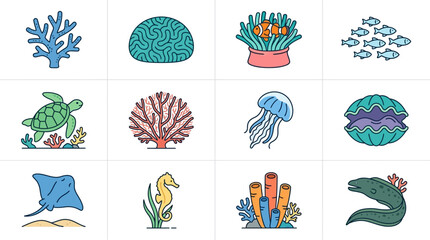 Ocean marine life icons featuring coral and sea creatures. © gudangPIXEL