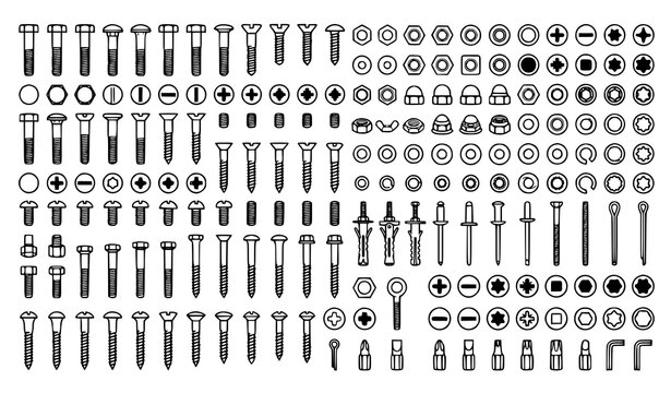Fastener Icons Set Bolts Nuts Washers Vector Collection