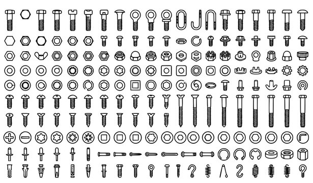 Industrial Fastener Outline Icons Editable Stroke Vector