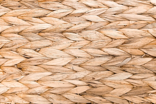 Full frame close-up of a natural woven water hyacinth basket texture.