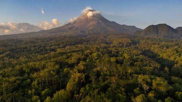 Aerial view of the majestic Mount Merapi volcano rising above the dense tropical forest of Tunggularum during the golden hour in Kecamatan Turi, Daerah Istimewa Yogya, Indonesia.