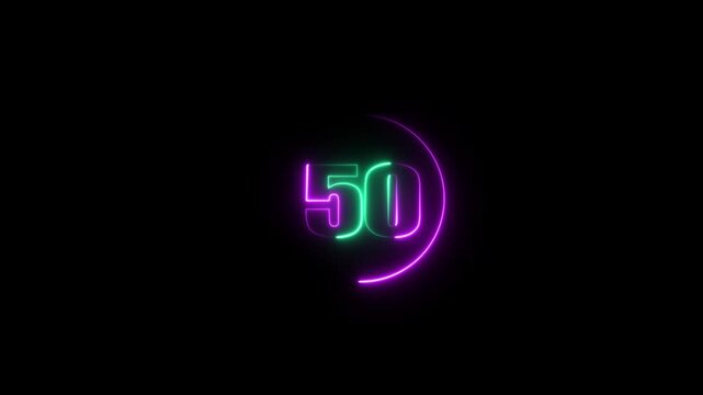 fifty neon light colorful number Animation. Colorful circle Black background 4k video.