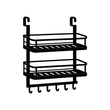 Black wall mounted bathroom shower caddy with hooks for hanging accessories